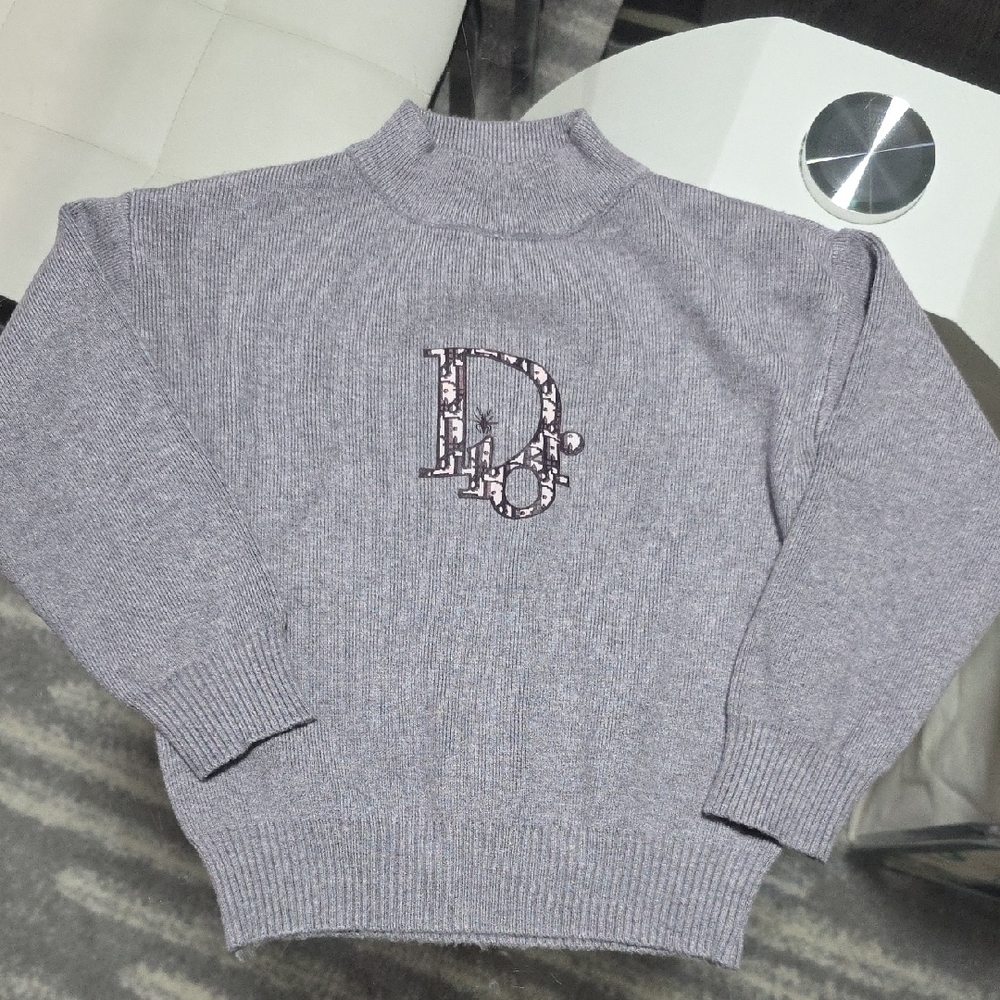 Kids Ribbed Mock-Neck Sweater with Embroidered 'D' Motif - Grey